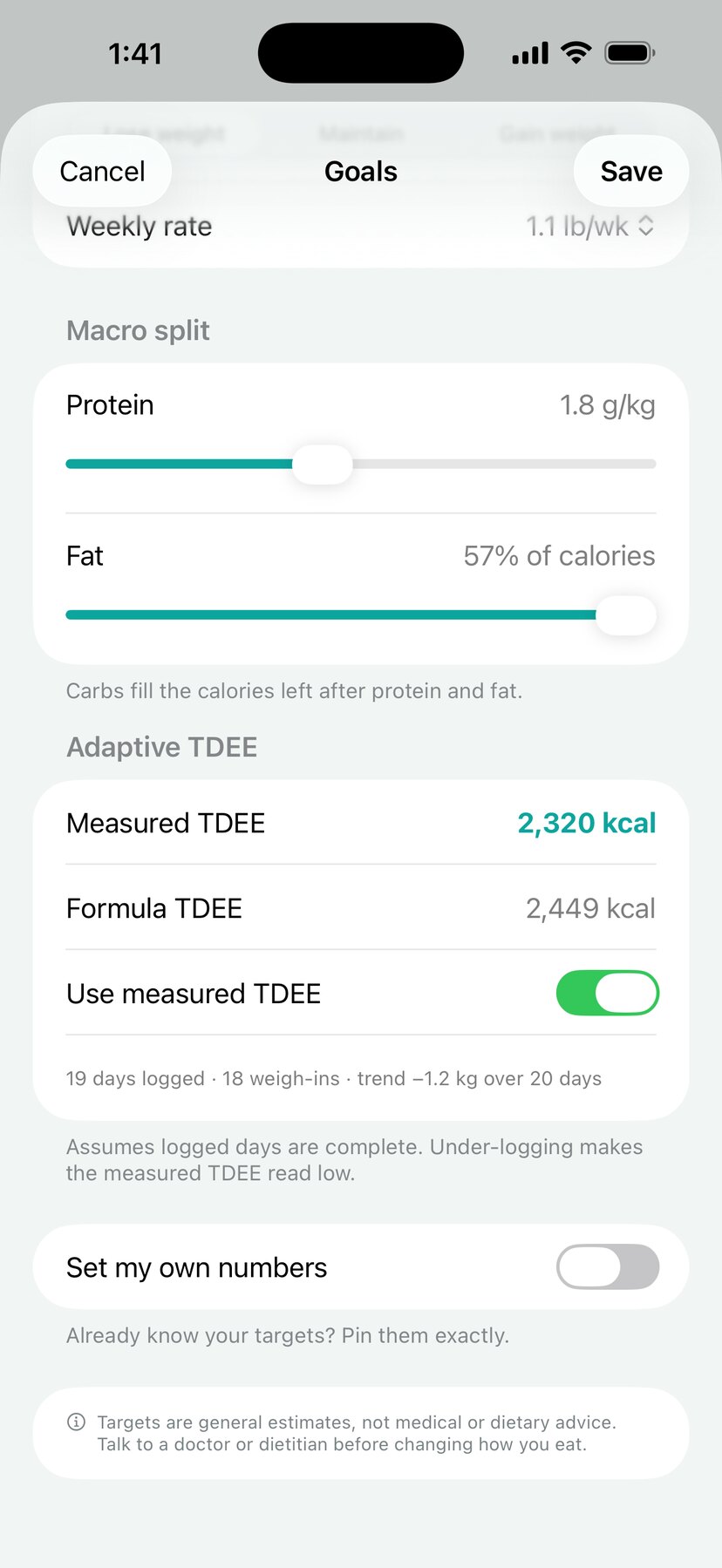 Goals screen comparing measured TDEE with formula TDEE and the data behind it
