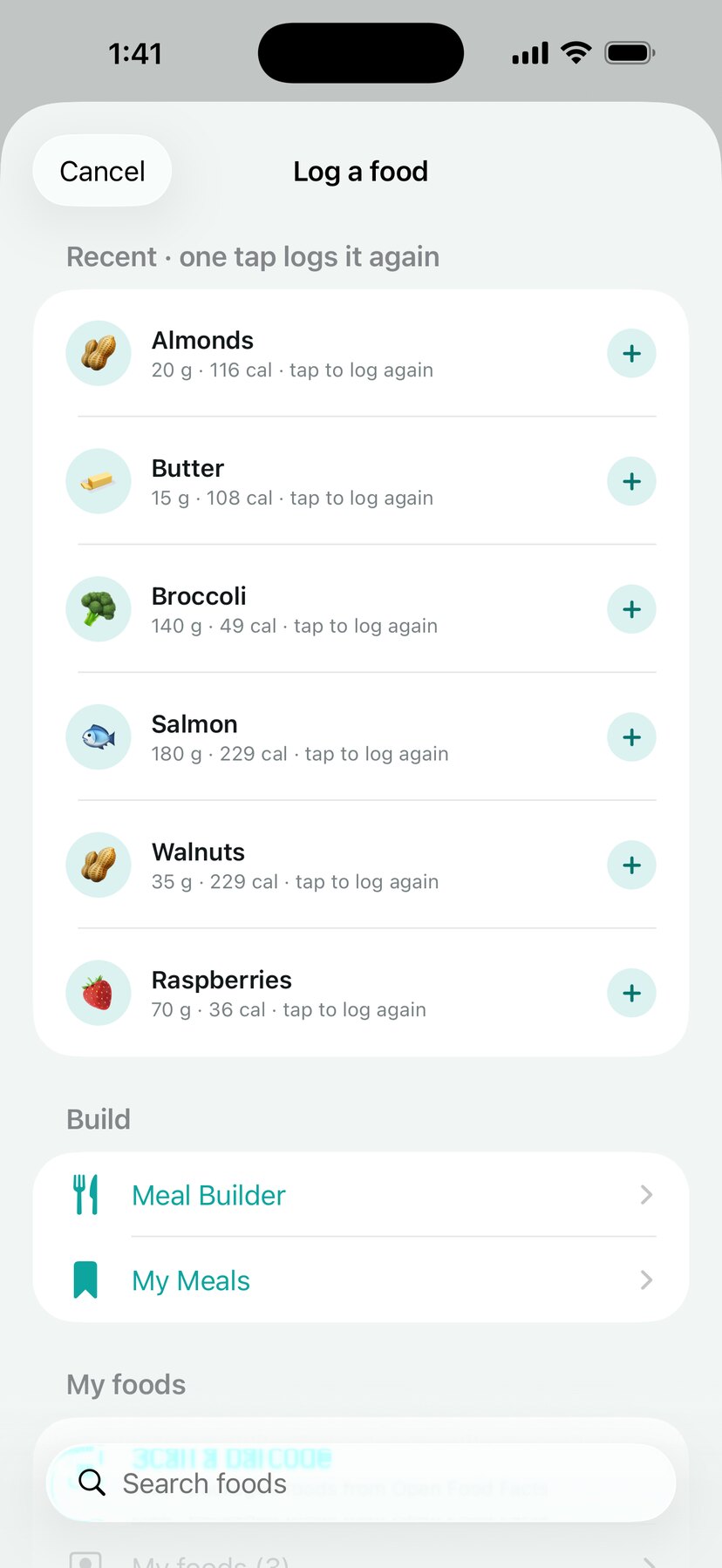 Log a food sheet listing recent foods that can be logged again in one tap