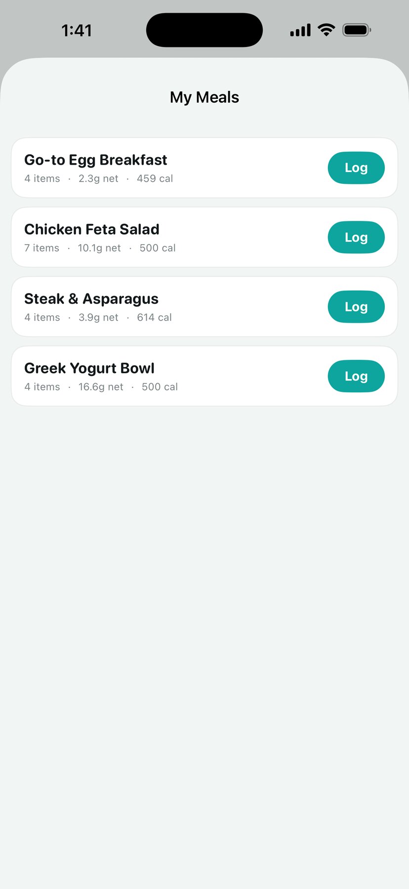 My Meals screen listing saved meals with their net carb and calorie totals