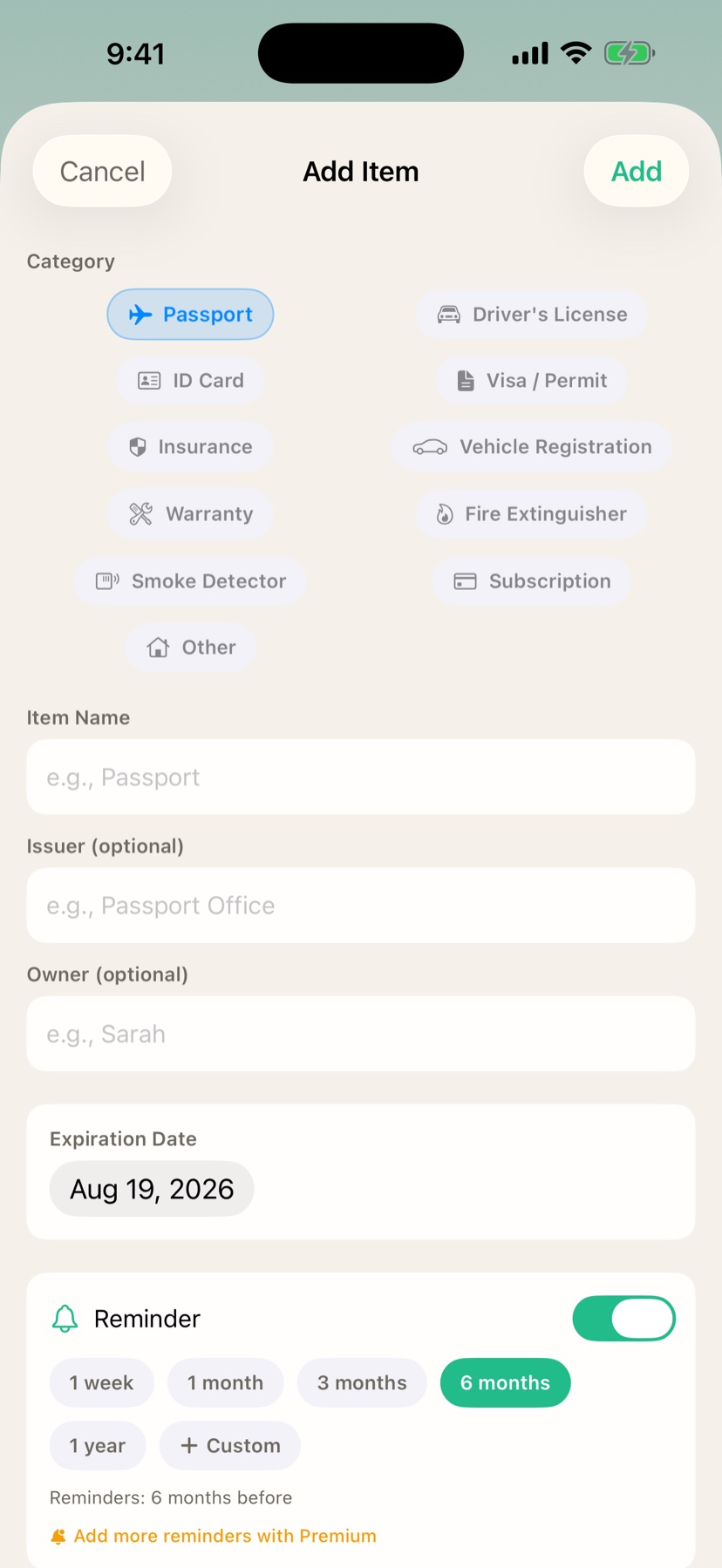 Adding an item with category templates and reminder options