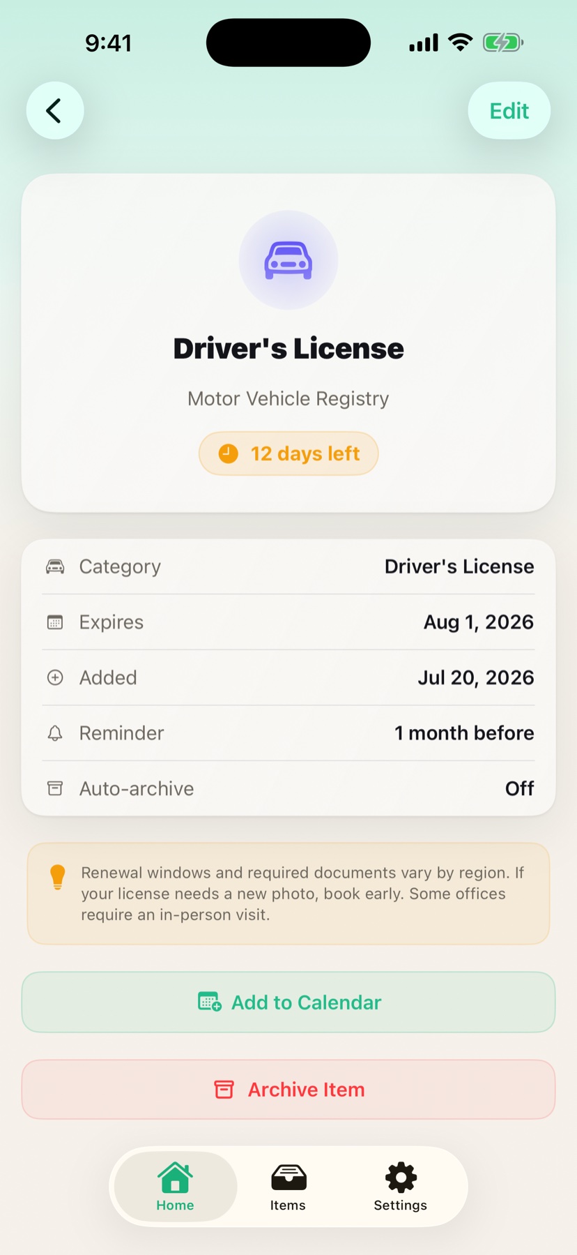 Item detail with countdown, dates, and reminder schedule