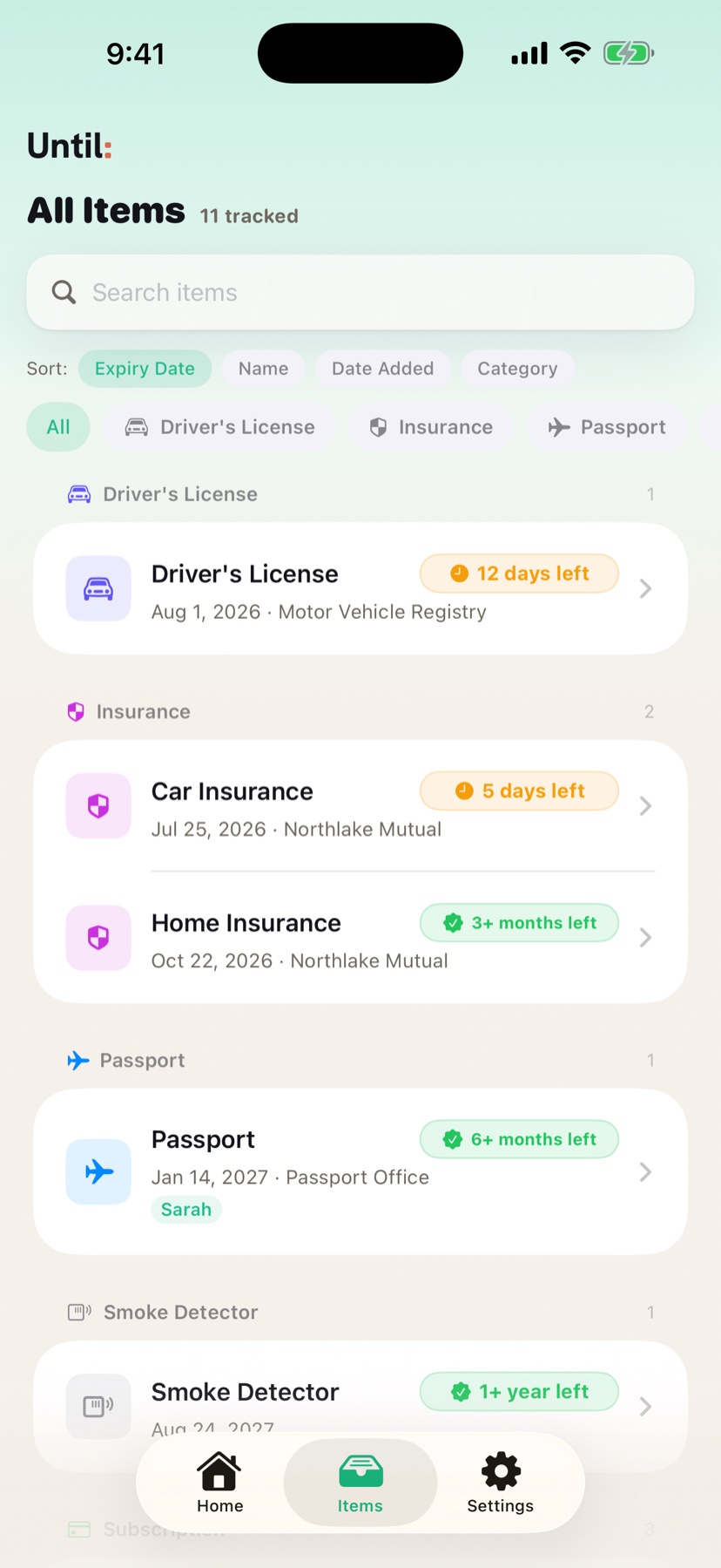 All items list grouped by category with status badges